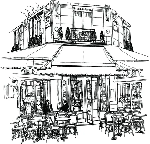 Black and white line drawing of a French-style café building with street-level seating and apartment windows above.
