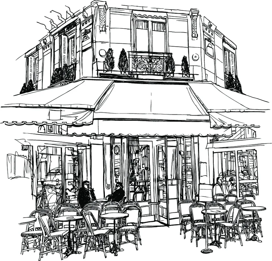 Black and white line drawing of a French-style café building with street-level seating and apartment windows above.