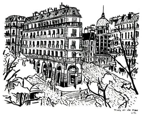 Black and white line drawing of a classic Parisian plaza with ornate Haussmann buildings, a domed structure, and tree-lined square.