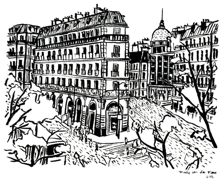 Black and white line drawing of a classic Parisian plaza with ornate Haussmann buildings, a domed structure, and tree-lined square.
