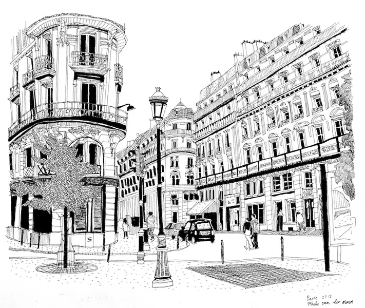 Black and white pen sketch of a Parisian street scene with ornate buildings, street lamp, and figures