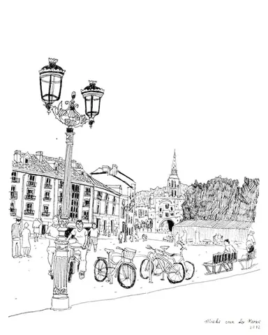 Black and white sketch of a Parisian street with ornate lamp post, historic buildings, bicycles, and people.