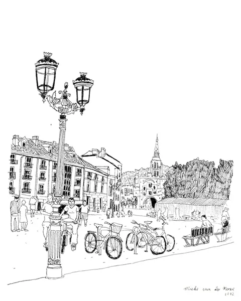 Black and white sketch of a Parisian street with ornate lamp post, historic buildings, bicycles, and people.