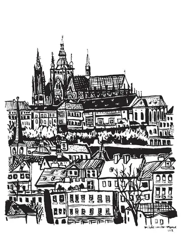 Black and white line drawing of a European city skyline with cathedral spires and historic buildings