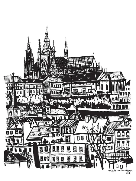 Black and white line drawing of a European city skyline with cathedral spires and historic buildings