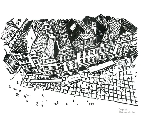 Black and white isometric drawing of a dense European city with historic buildings and varied rooflines.