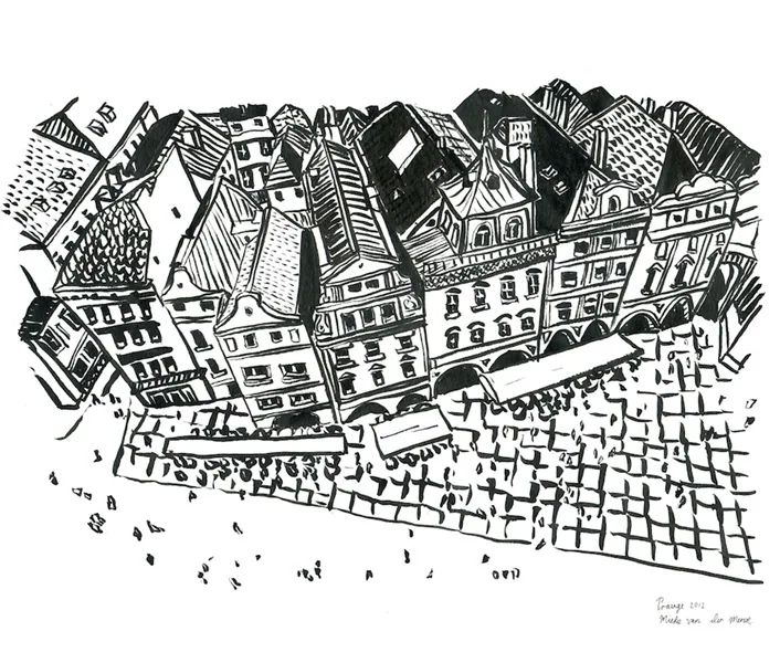 Black and white isometric drawing of a dense European city with historic buildings and varied rooflines.