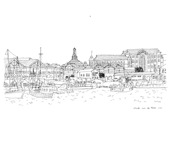 Black ink sketch of a European seaside town with market stalls, sailing ships, church spires, and historic buildings along a waterfront.