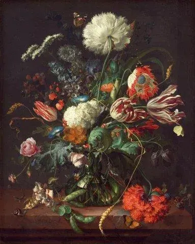 Ornate bouquet of colorful flowers including red dahlias and white peonies on dark background