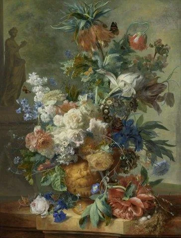 Classical floral still life with roses, peonies, and butterflies in a golden vase against a muted green background.