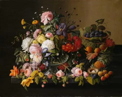 Vintage floral arrangement with pink roses, white peonies, purple irises, and fresh fruits on dark background