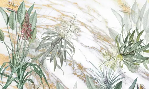 Hand-painted botanical illustration with tropical leaves, ginger flowers, and ferns on cream marble background