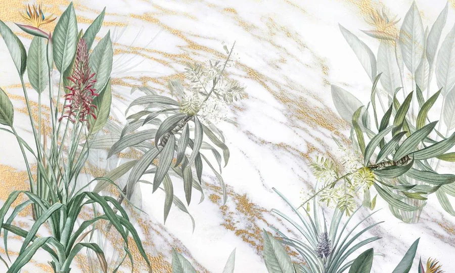 Hand-painted botanical illustration with tropical leaves, ginger flowers, and ferns on cream marble background