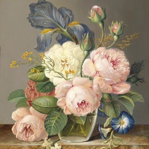 Vintage floral arrangement with pink peonies, white roses, and blue irises in a glass vase on neutral background.