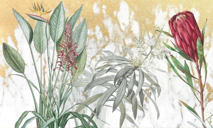 Botanical wallpaper design with green leaves, white flowering plants, and deep red flowers on a textured gold background.