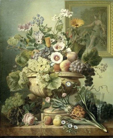 Vintage still life mural with pink and white flowers, fruits, and classical urn in earthy palette