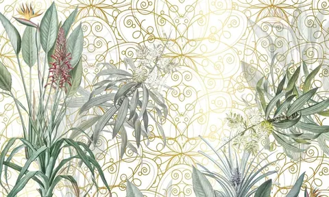 Botanical wallpaper with green leaves, red flowers, and gold spiral patterns on cream background
