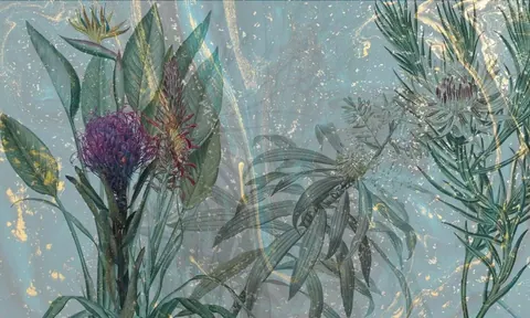 Watercolor botanical illustration with purple flowers, green grasses, and gold leaf details on blue-green background