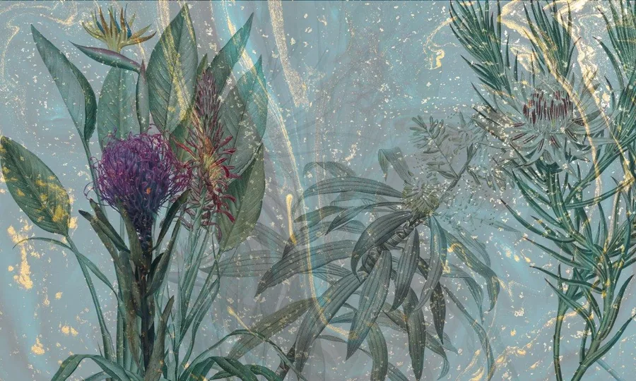 Watercolor botanical illustration with purple flowers, green grasses, and gold leaf details on blue-green background