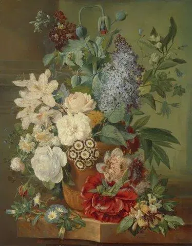 Vintage floral mural with white roses, red peonies, and purple lilacs in a decorative vase on sage green background