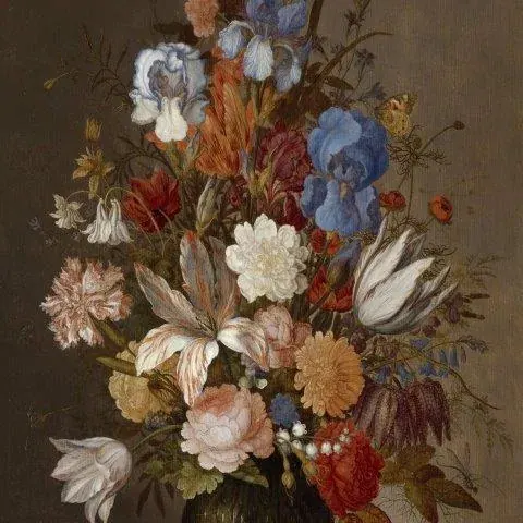 Vintage oil painting-style floral arrangement with white, blue, pink and red flowers on muted brown background