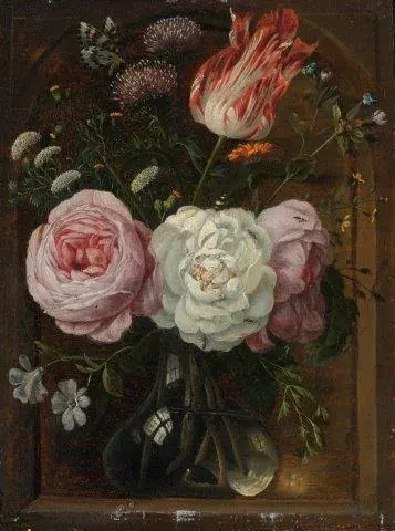 Vintage floral still life with pink roses, white blooms, and striped tulip in glass vase on dark background.