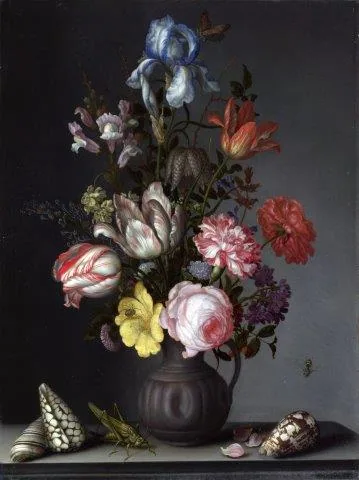 Vintage still life painting of colorful flowers in a dark vase with scattered shells on a grey surface.