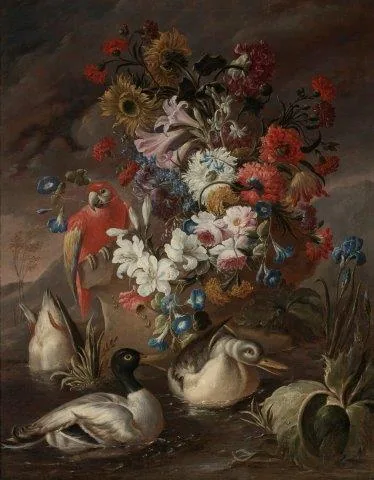 Baroque floral arrangement with red and golden blooms, white doves, and ornamental urns on dark background.
