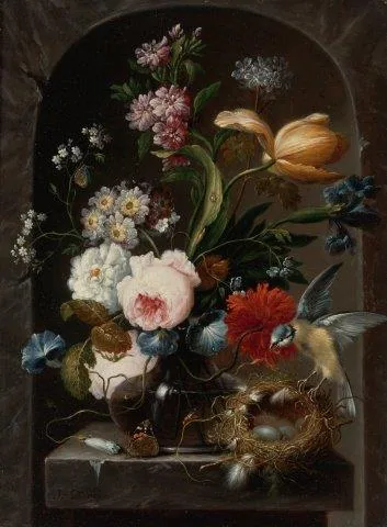 Vintage still life painting of pink roses, white flowers, and golden tulips on dark arched background