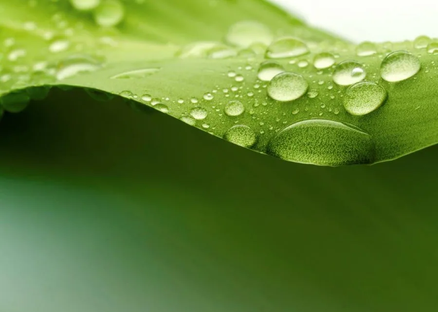 Close-up of vibrant green leaf covered in water droplets and dew.