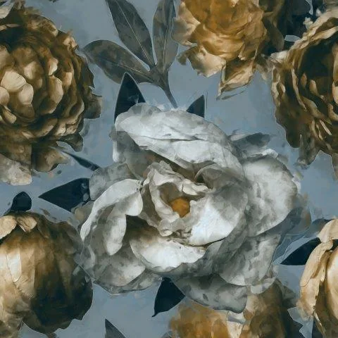 Vintage floral wallpaper pattern with large white and golden roses against a soft blue background