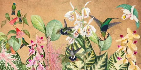 Hummingbirds hovering among pink, white, and yellow flowers with green leaves on a terracotta background.