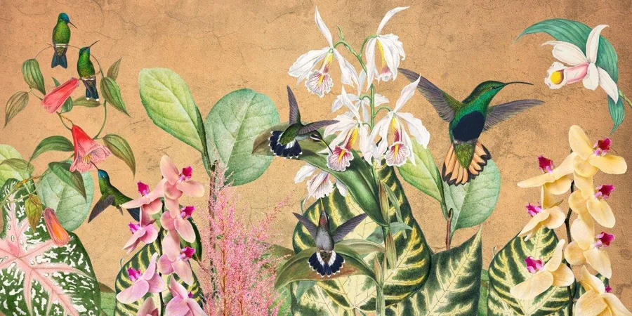 Hummingbirds hovering among pink, white, and yellow flowers with green leaves on a terracotta background.