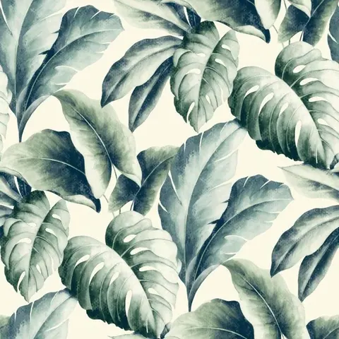 Watercolor monstera leaves in muted greens and grays on cream background, repeating pattern