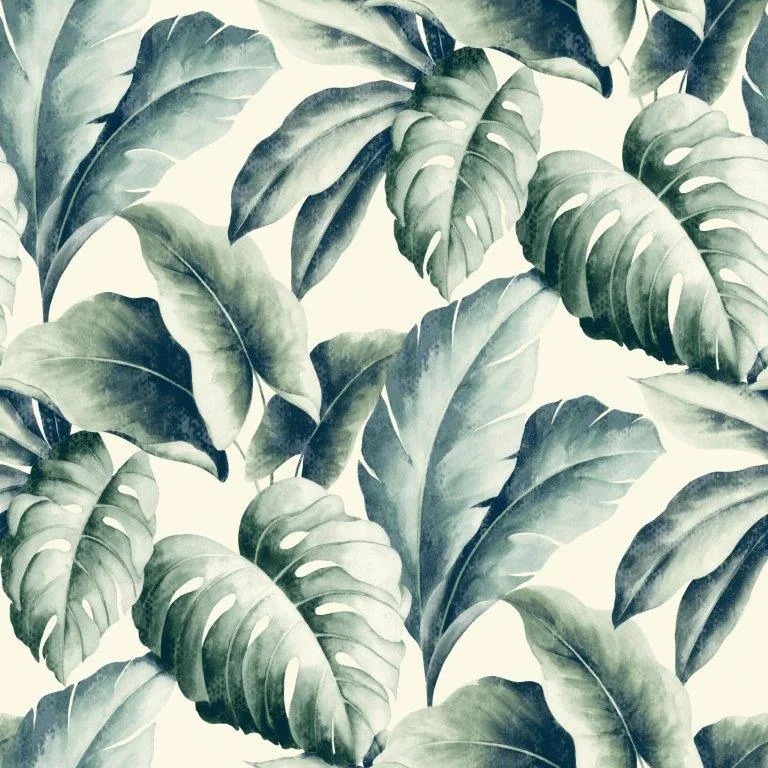 Watercolor monstera leaves in muted greens and grays on cream background, repeating pattern
