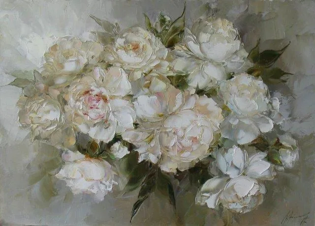 Painterly bouquet of cream and pink peonies with green foliage on soft neutral background.