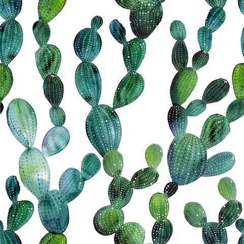 Repeating pattern of illustrated prickly pear cacti in various shades of green and teal with white spots on white background.