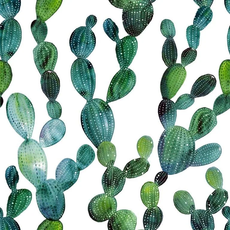 Repeating pattern of illustrated prickly pear cacti in various shades of green and teal with white spots on white background.