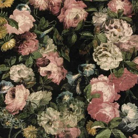 Vintage wallpaper pattern with pink, cream, and mauve roses and green leaves on black background