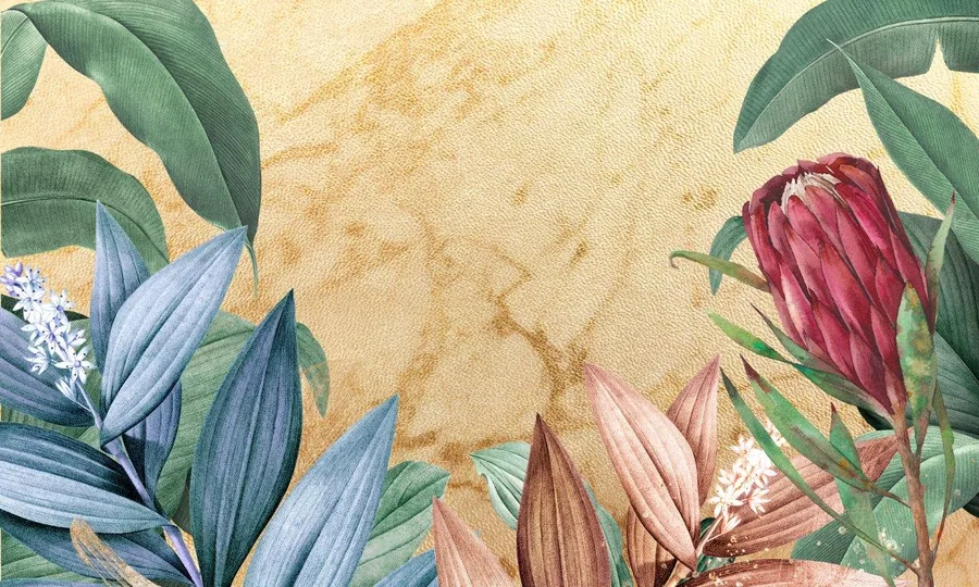Watercolor botanical mural with blue and burgundy flowers, green leaves on cream and gold textured background