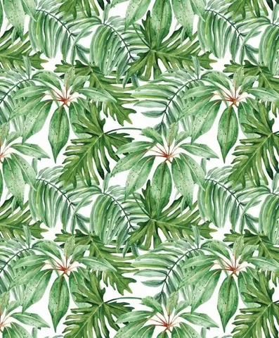 Repeating pattern of green tropical palm fronds and elongated leaves with reddish stems on white background.