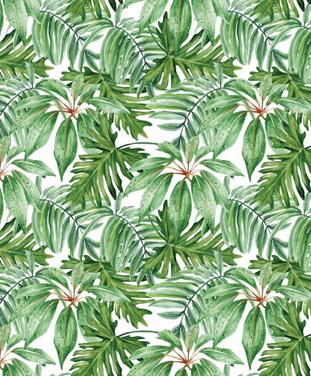 Repeating pattern of green tropical palm fronds and elongated leaves with reddish stems on white background.