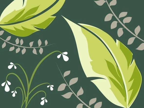 Botanical wallpaper pattern with large yellow-green leaves, small white flowers, and muted taupe foliage on dark green background.