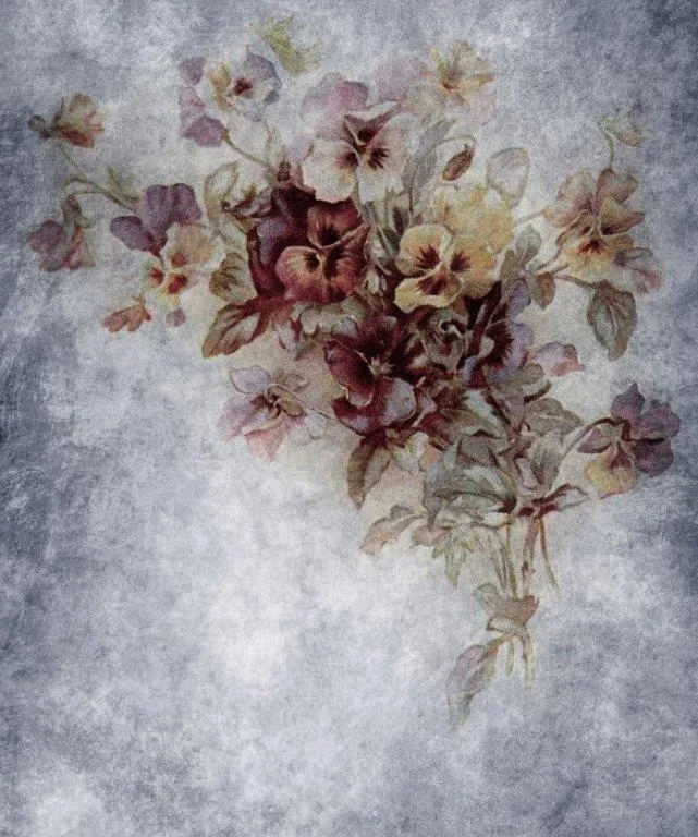 Vintage watercolor painting of burgundy and cream pansies with green foliage on grey textured background