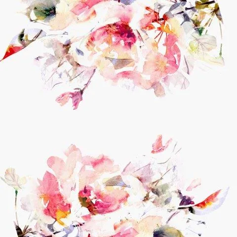 Watercolor pink and cream flowers with green foliage arranged in top and bottom borders on white background