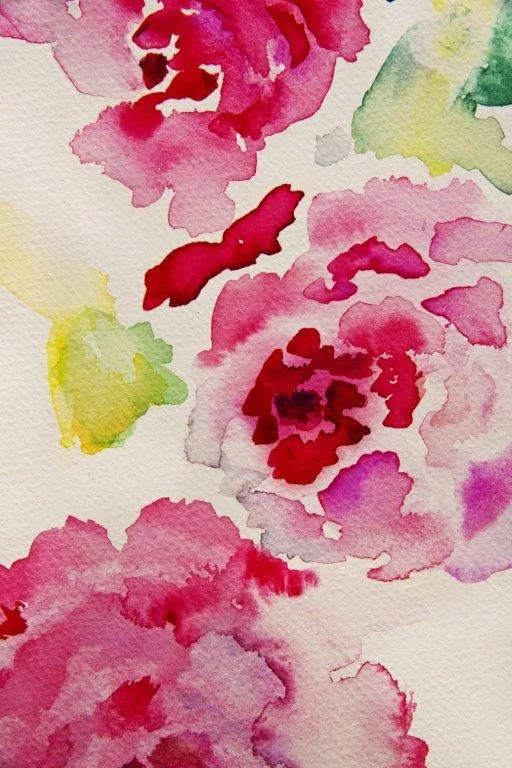 Abstract watercolor flowers in pink, red, and yellow washes on cream background