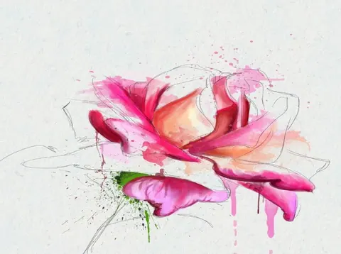 Artistic watercolor rose with pink and coral petals, sketch lines, and green splashes on white background.