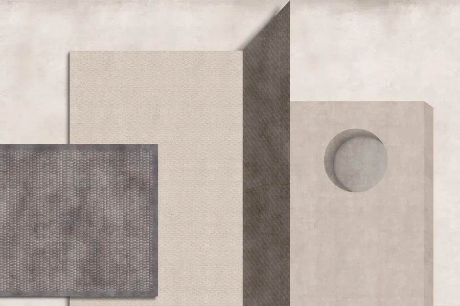 Abstract geometric wall design with layered rectangular blocks, textured panels, and circular aperture in cream and charcoal tones.