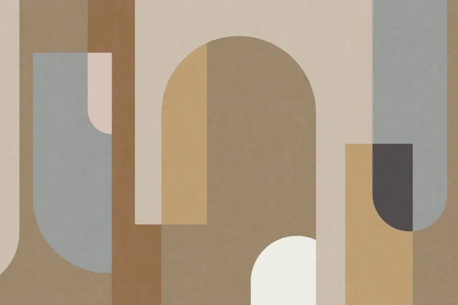 Abstract geometric design with overlapping arches and vertical rectangles in beige, tan, blue, and white tones.