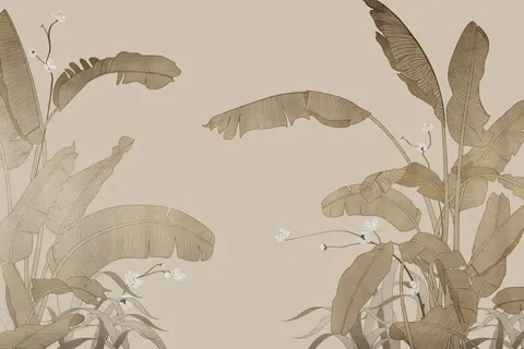 Line-drawn banana leaves and climbing flowers in cream and tan on beige background